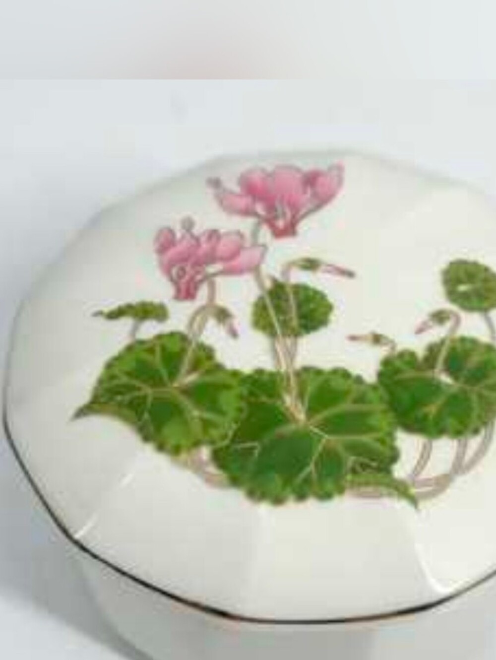 Otagiri Vintage Porcelain Trinket Box with Green Floral Leaves and Pink Blooms - Picture 10 of 10